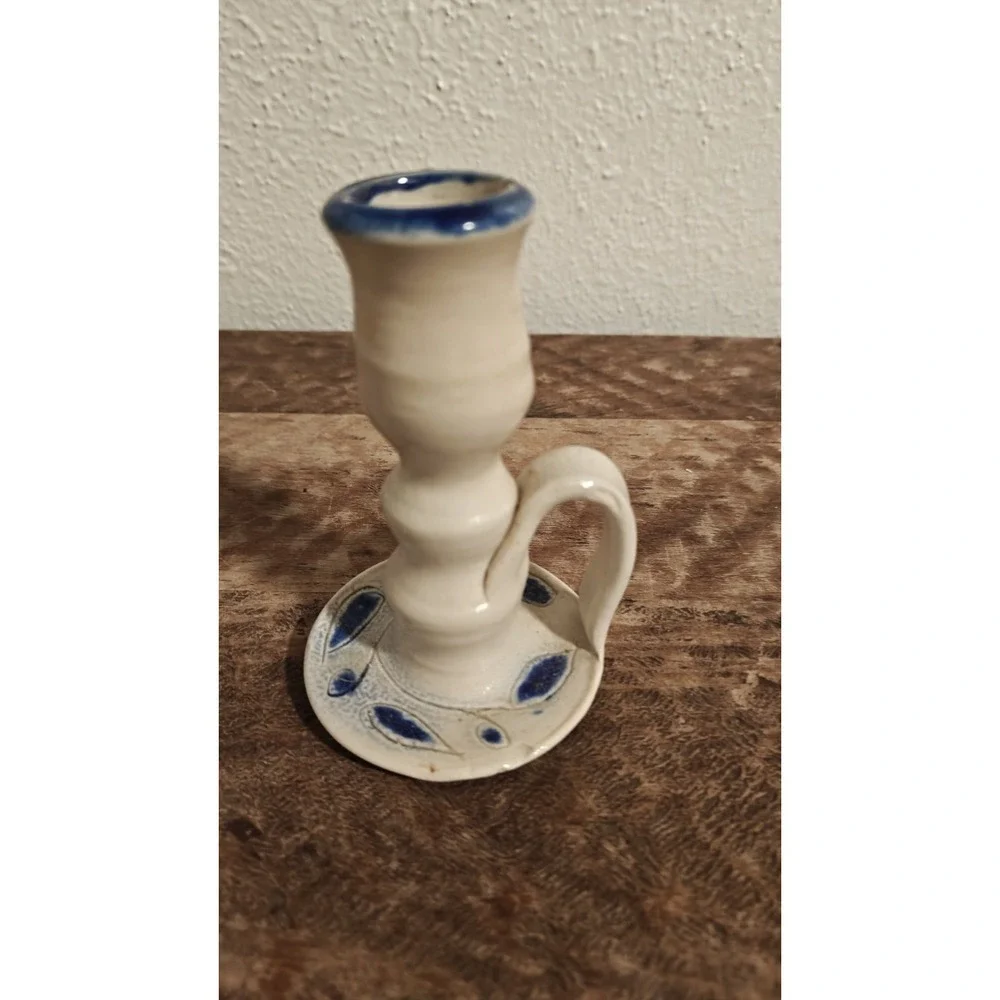 Williamsburg Pottery  Candlestick Holder Salt Glazed Cobalt Blue Leaf Gray